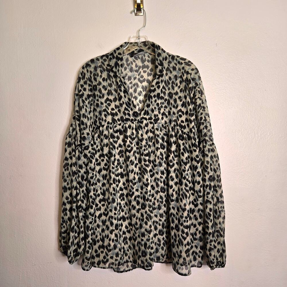 Reclaimed Vintage Sheer Leopard Print Swing Tunic Top Size S Gray Oversized